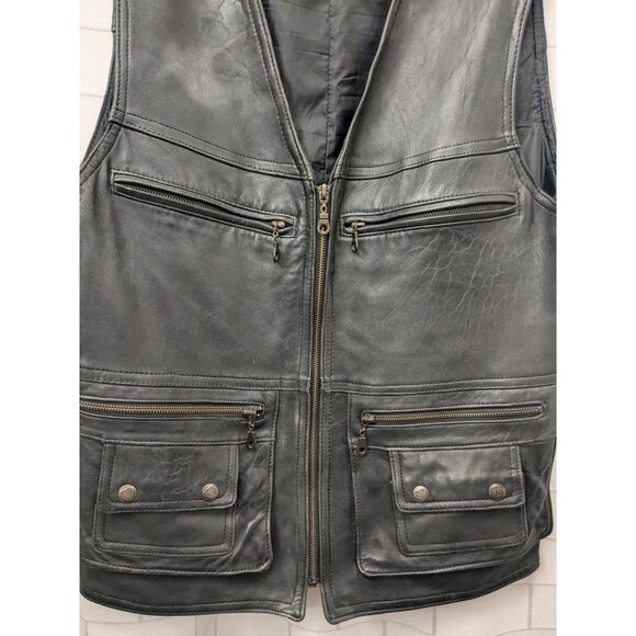 Black Leather Biker Vest With Zipper & Snap Closures 4 Pockets Supple Feel - Picture 2 of 6